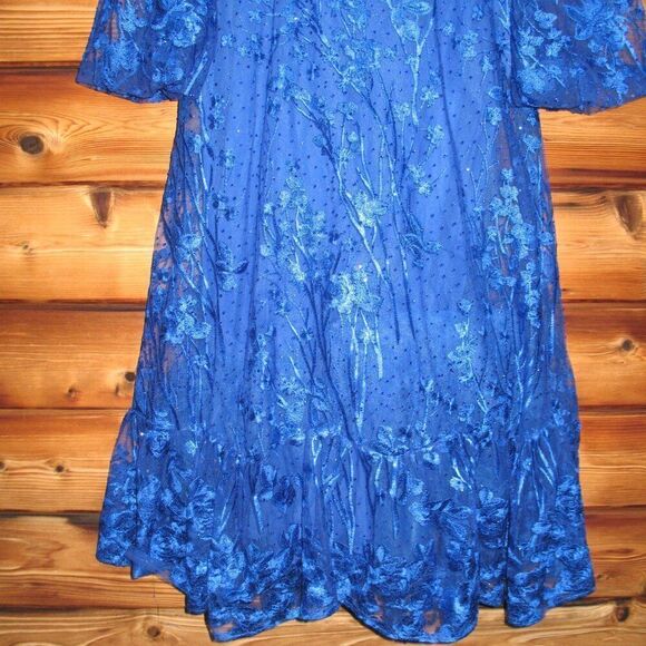 MAC DUGGAL 2051 Blue V-Neck Mesh Puff Sleeve A Line Embellished Tea Length Dress - Picture 9 of 13